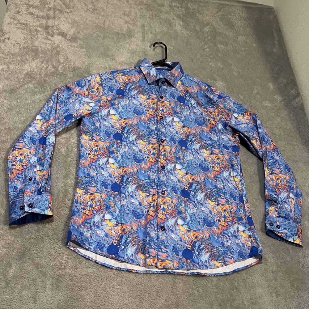 Vercini Dress Shirt Mens Large Blue Orange Button Down Long Sleeve Marble Print